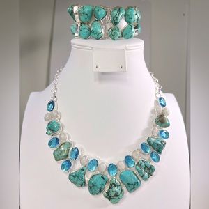 Turquoise Blue Topaz Moonstone Large Gemstone Necklace & Bracelet Set